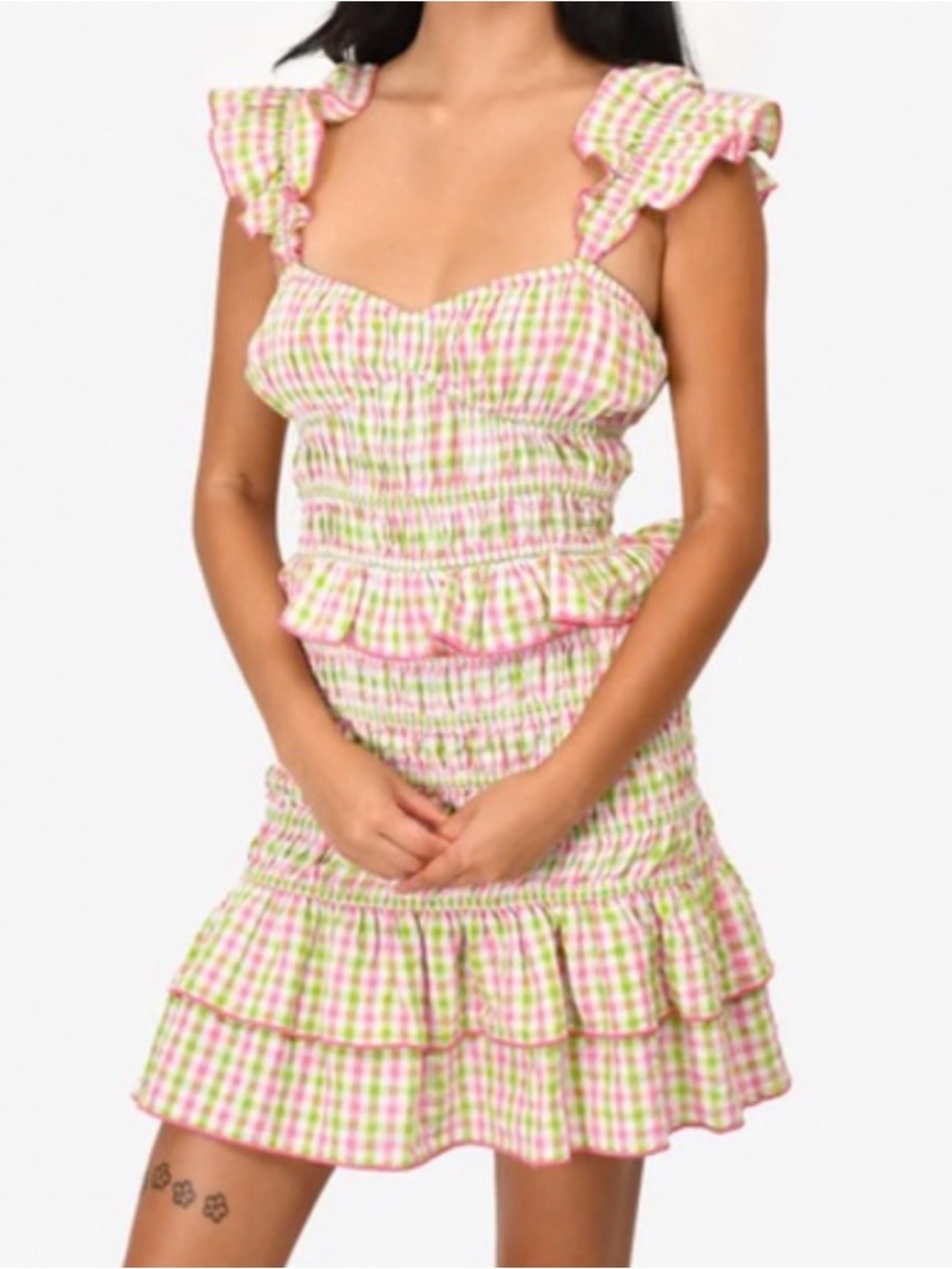Saylor Pink & Green Gingham Ruffle Mini Dress Smocked Sundress